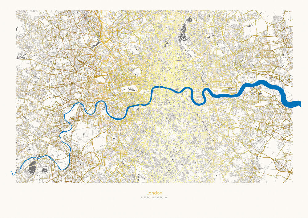 London Map Gold Streets Blue River
