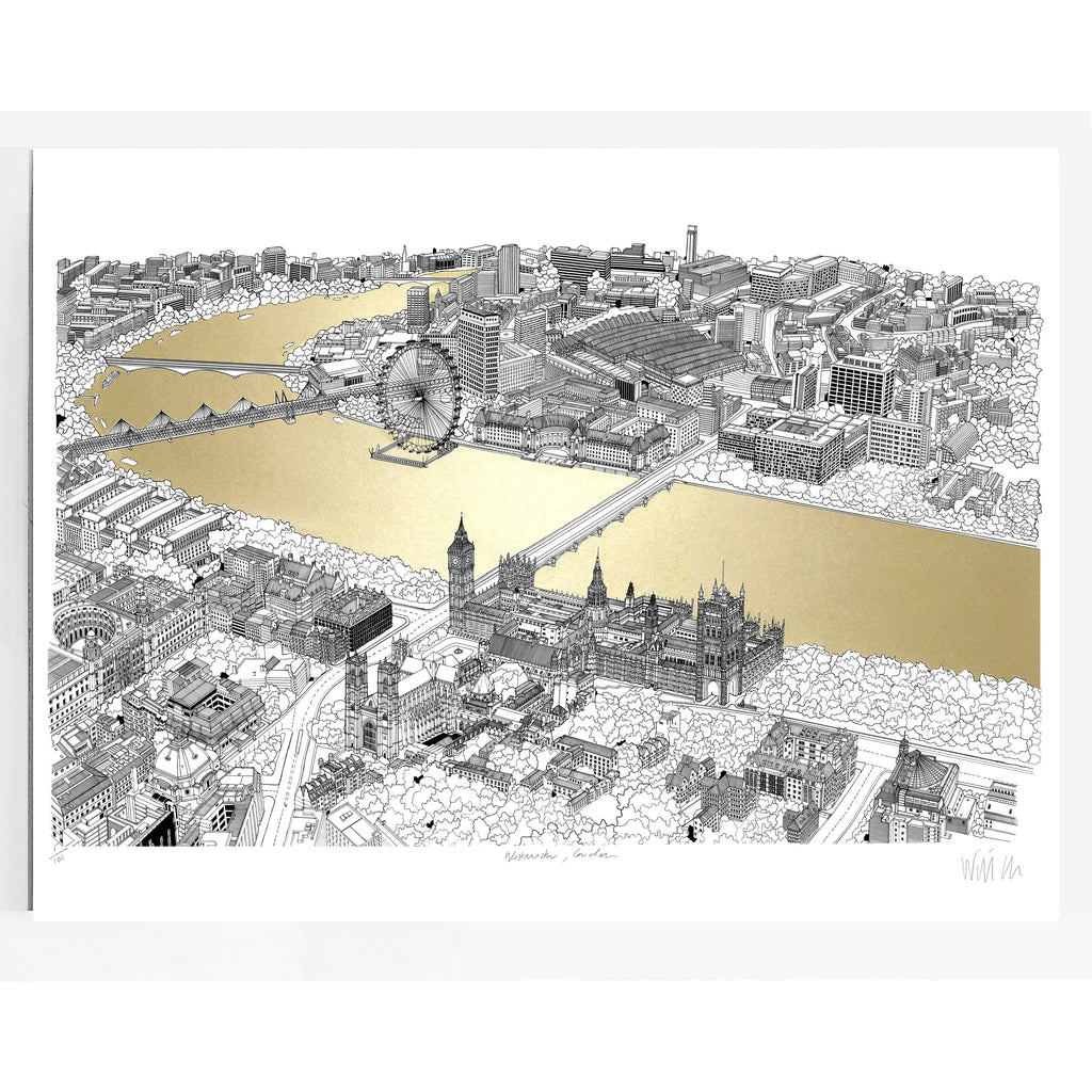 will clarke gold silver thames a1 london eye map line drawing metallic for We Built This City 4